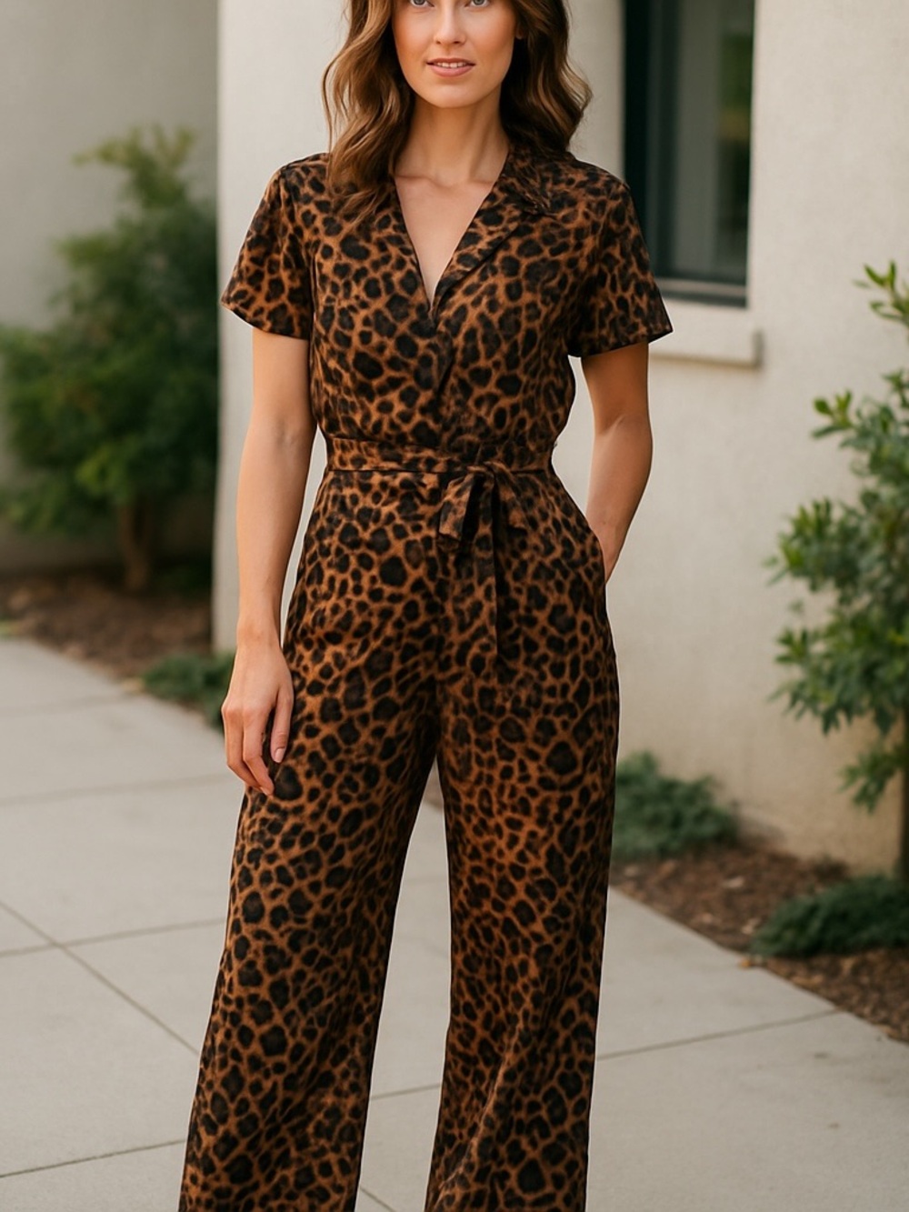 New $175.00 original Michael Kors Brown Leopard-Print Short-Sleeve Wrap Jumpsuit
